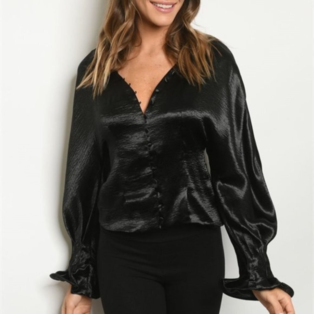 Black Shimmer‎ V-Neck Long Sleeve Cuff Blouse